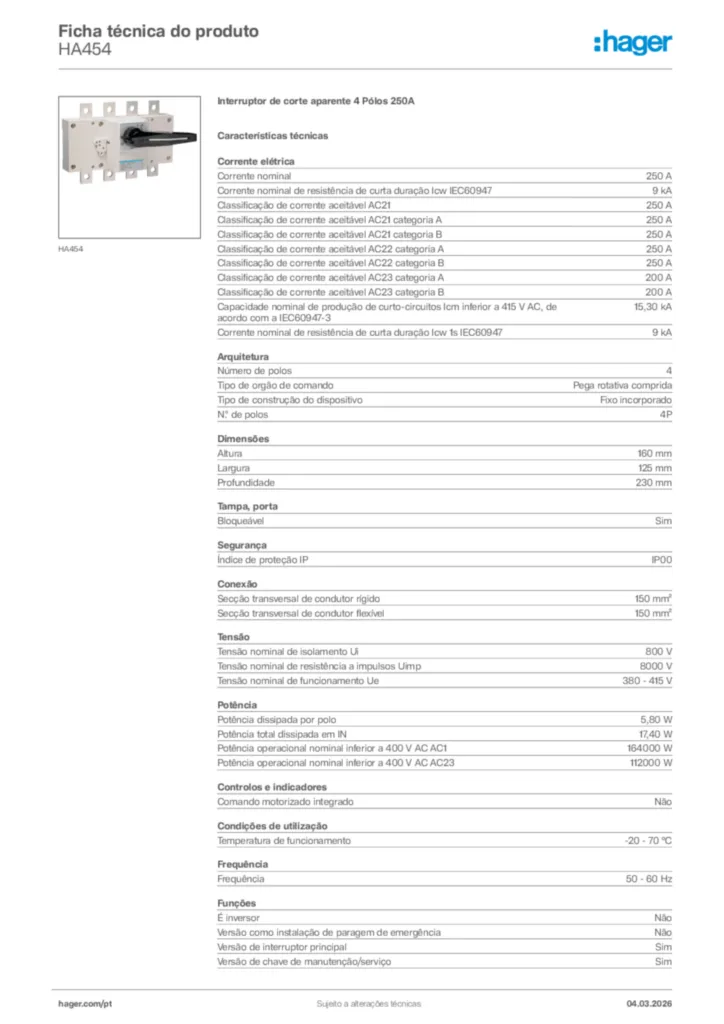 Imagem Hager Ficha técnica do produto HA454 | Hager Portugal