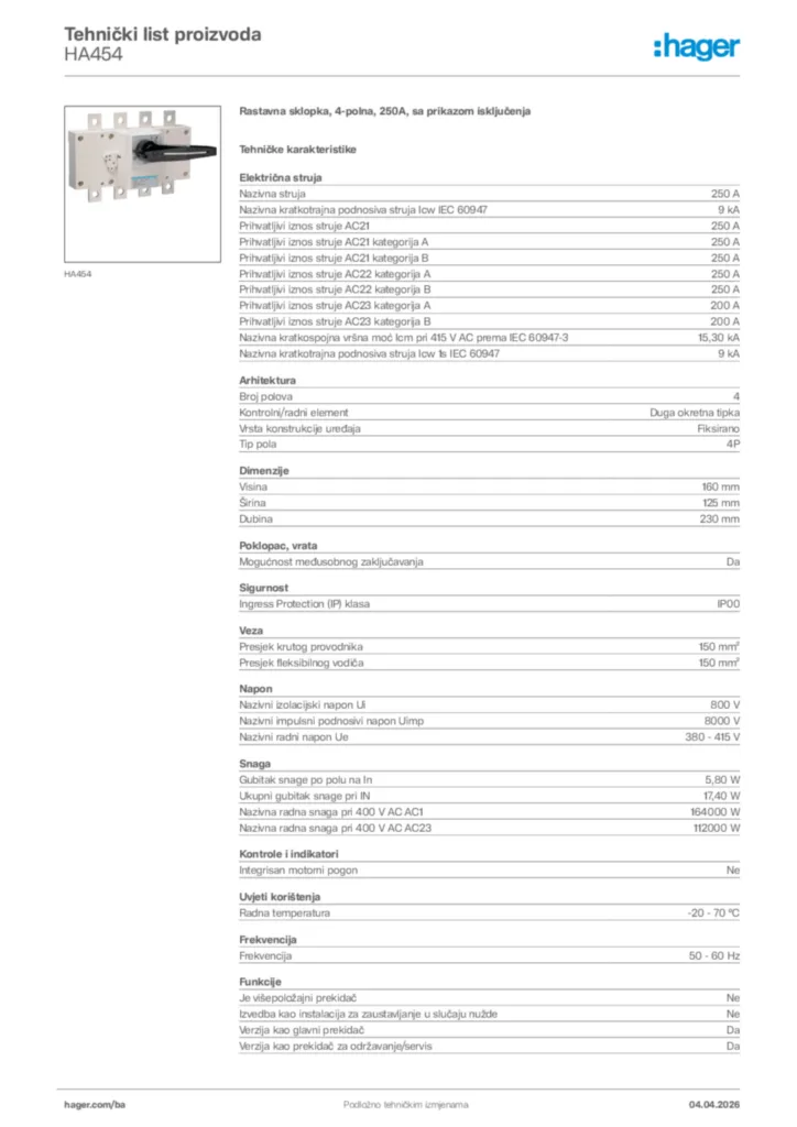 Slika Hager Tehnički list proizvoda HA454  | Hager