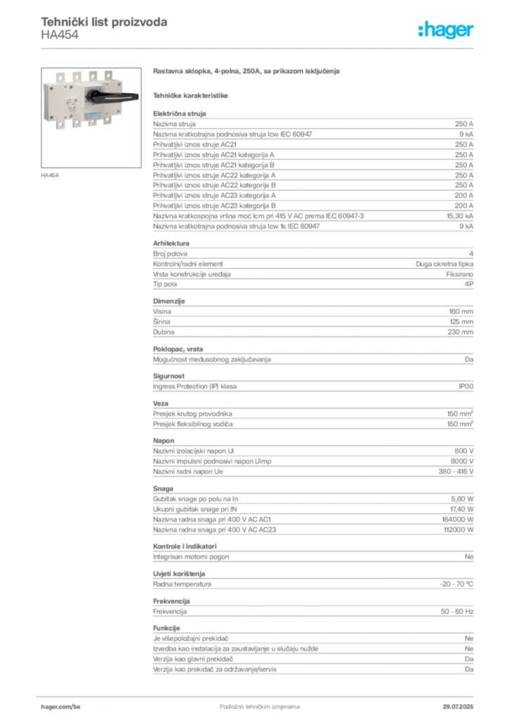 Slika Hager Product data sheet HA454  | Hager