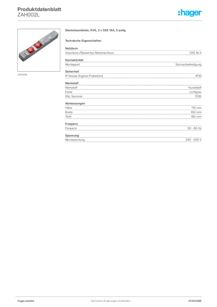 Bild Hager Produktdatenblatt ZAH002L | Hager Deutschland