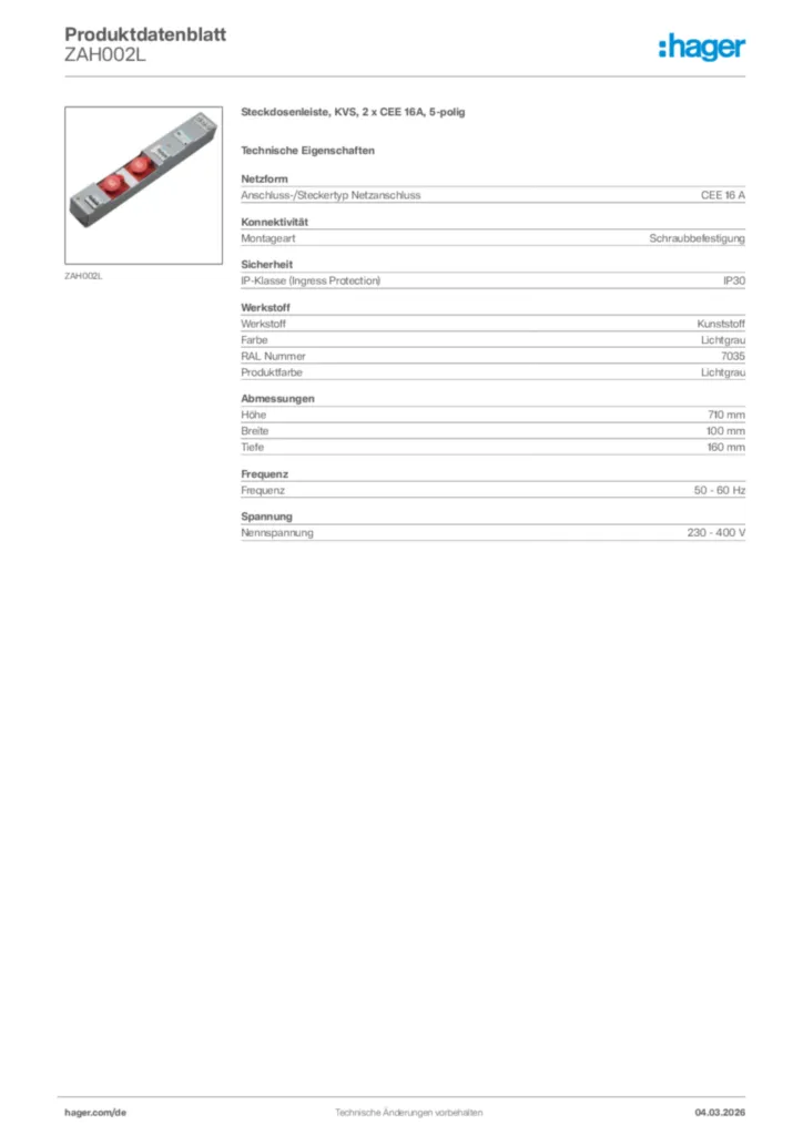 Bild Hager Produktdatenblatt ZAH002L | Hager Deutschland
