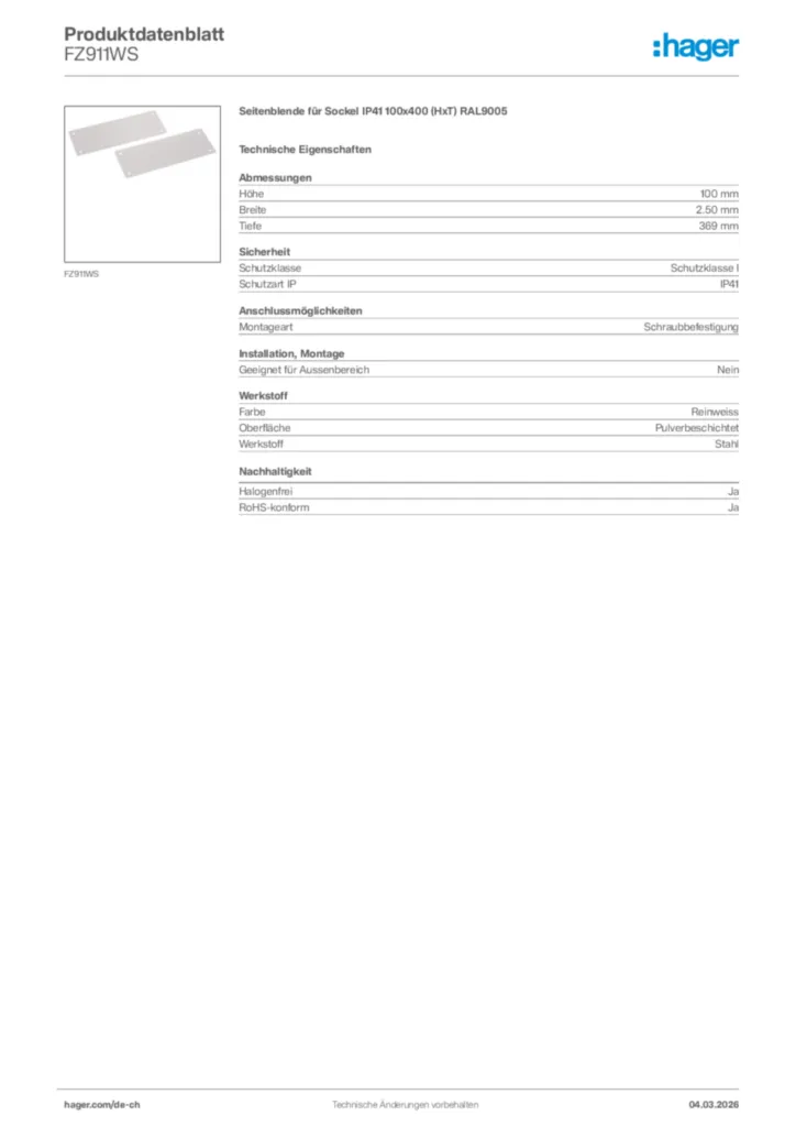 Bild Hager Produktdatenblatt FZ911WS | Hager Schweiz