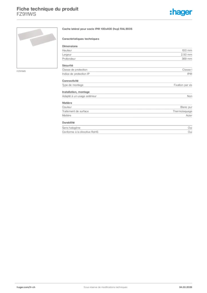 Image Hager Fiche technique du produit FZ911WS | Hager Suisse