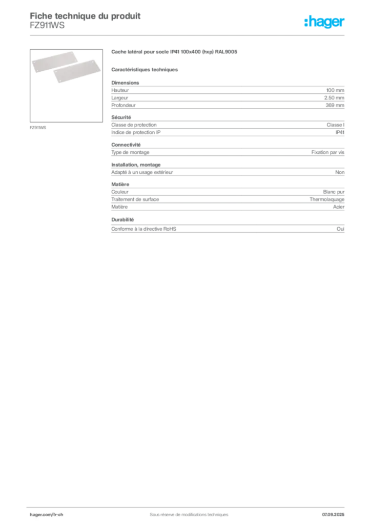Image Hager Fiche technique du produit FZ911WS | Hager Suisse