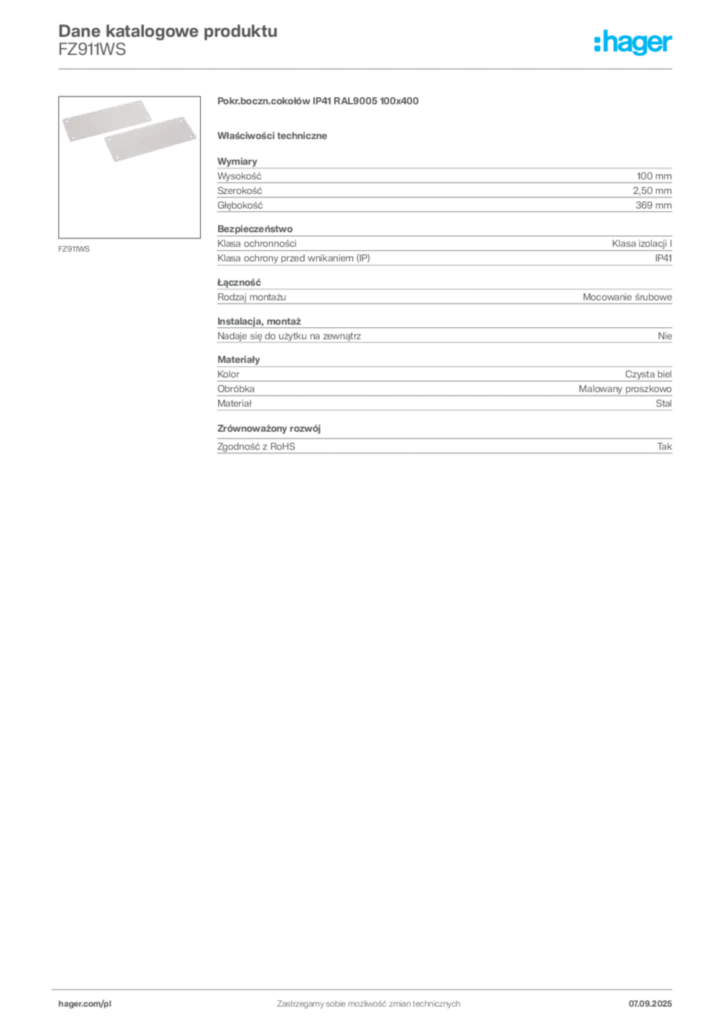 Zdjęcie Hager Dane katalogowe produktu FZ911WS | Hager Polska