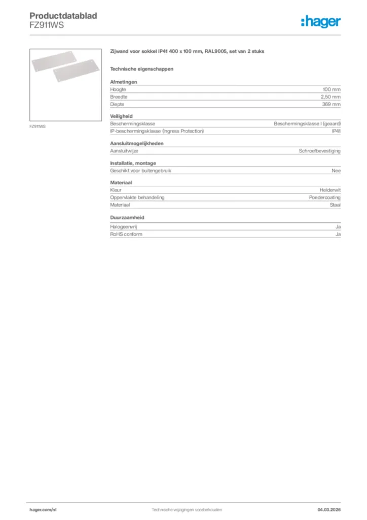 Afbeelding Hager Productdatablad FZ911WS | Hager Nederland