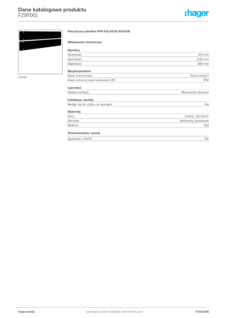 Zdjęcie Hager Dane katalogowe produktu FZ911XS | Hager Polska