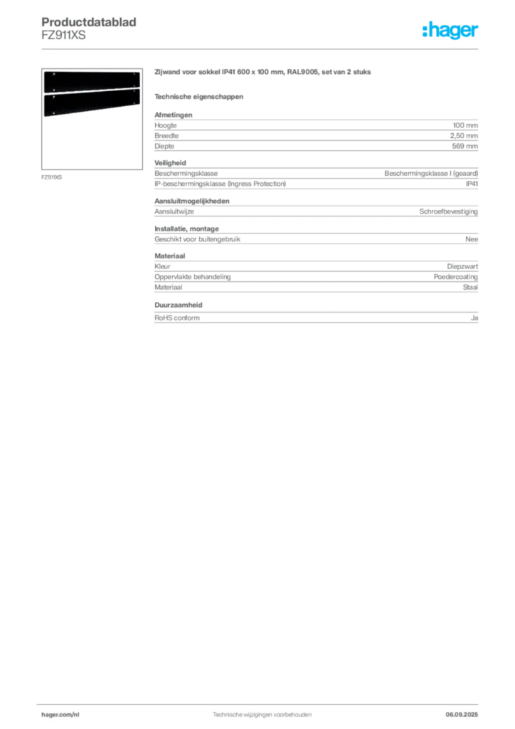 Afbeelding Hager Productdatablad FZ911XS | Hager Nederland