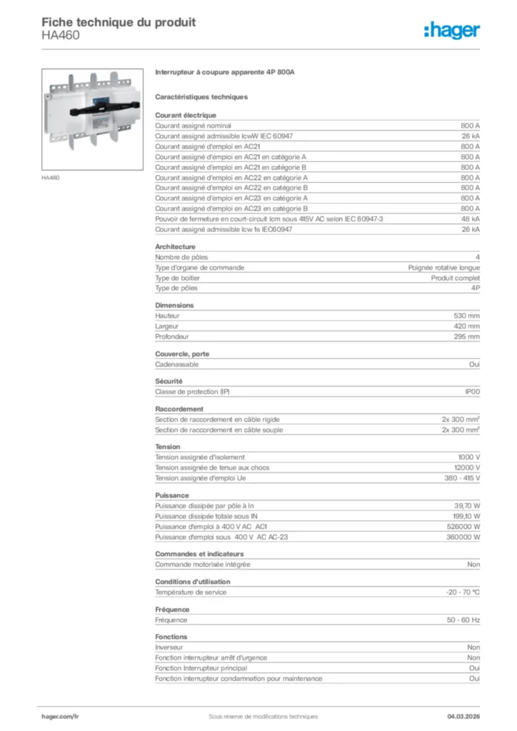 Image Hager Fiche technique du produit HA460 | Hager France