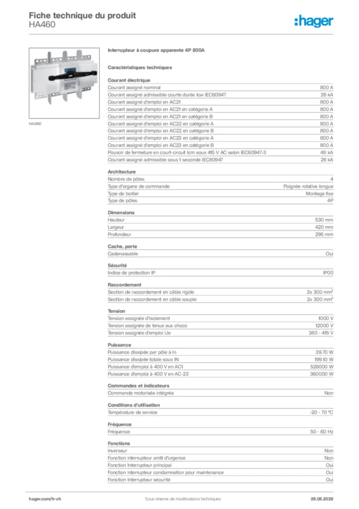Image Hager Fiche technique du produit HA460 | Hager Suisse