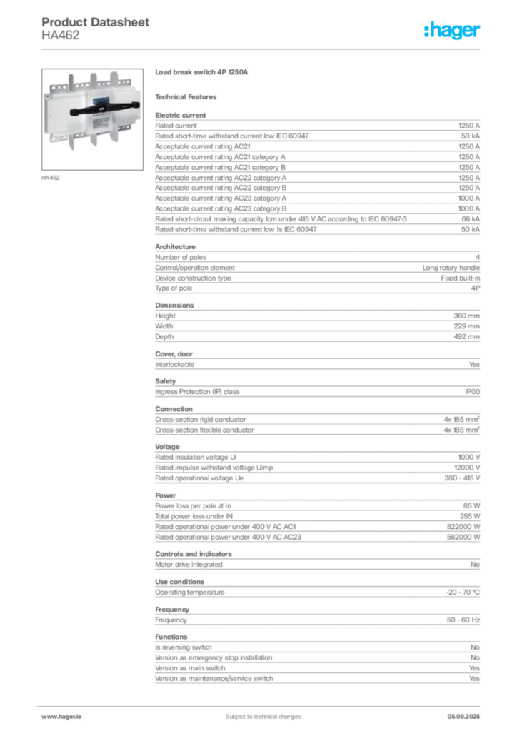 Image Hager Product data sheet HA462  | Hager