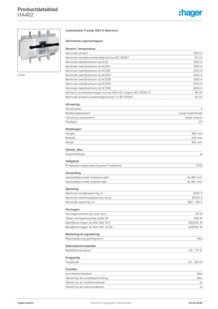 Afbeelding Hager Productdatablad HA462 | Hager Nederland