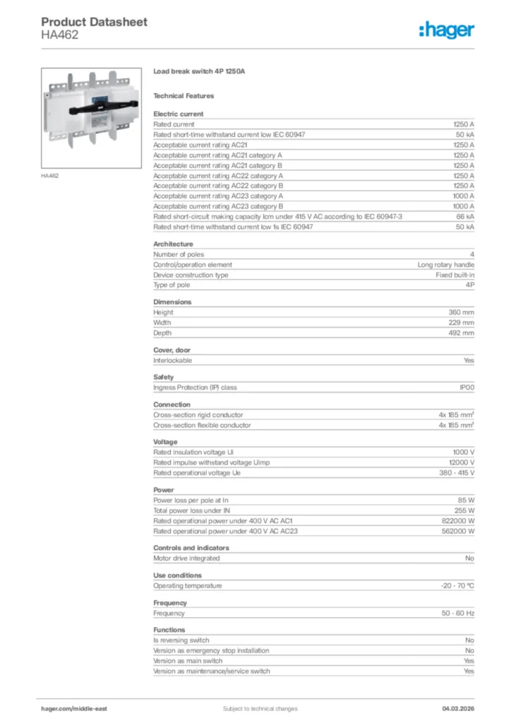 Image Hager Product data sheet HA462  | Hager