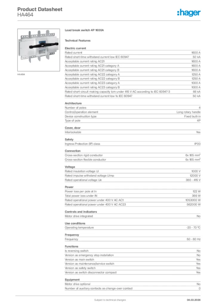 Image Hager Product data sheet HA464  | Hager Africa