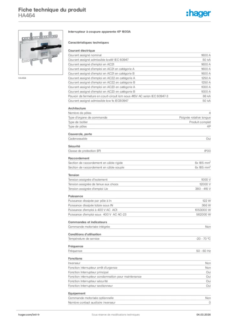 Image Hager Fiche technique du produit HA464 | Hager Afrique