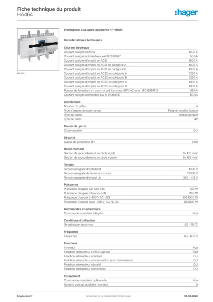 Image Hager Fiche technique du produit HA464 | Hager France
