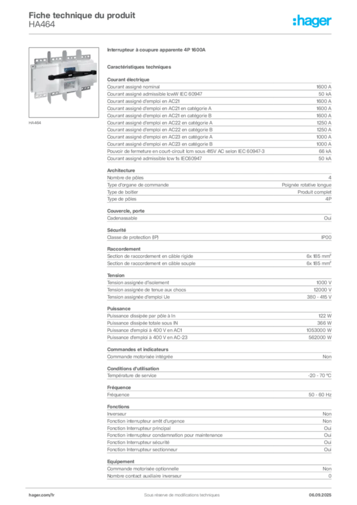Image Hager Fiche technique du produit HA464 | Hager France