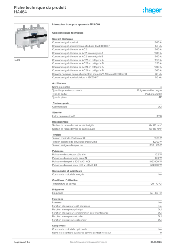 Image Hager Fiche technique du produit HA464 | Hager Belgique