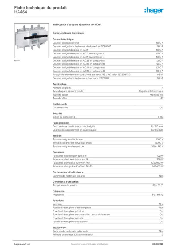 Image Hager Fiche technique du produit HA464 | Hager Suisse