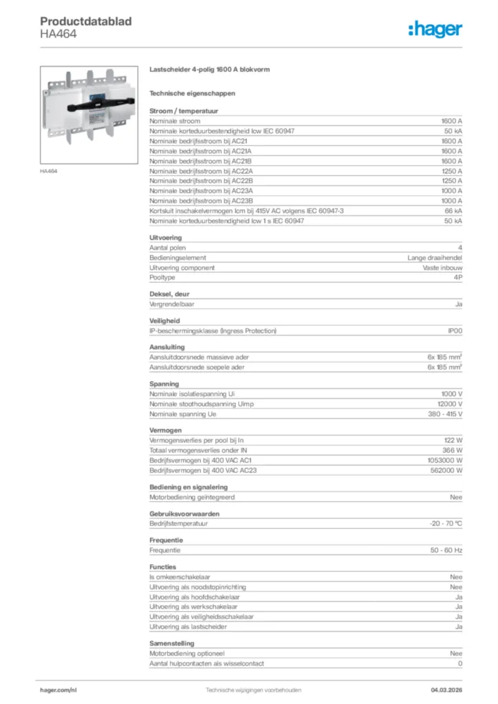 Afbeelding Hager Productdatablad HA464 | Hager Nederland