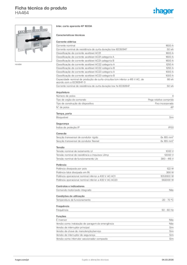 Imagem Hager Ficha técnica do produto HA464 | Hager Portugal