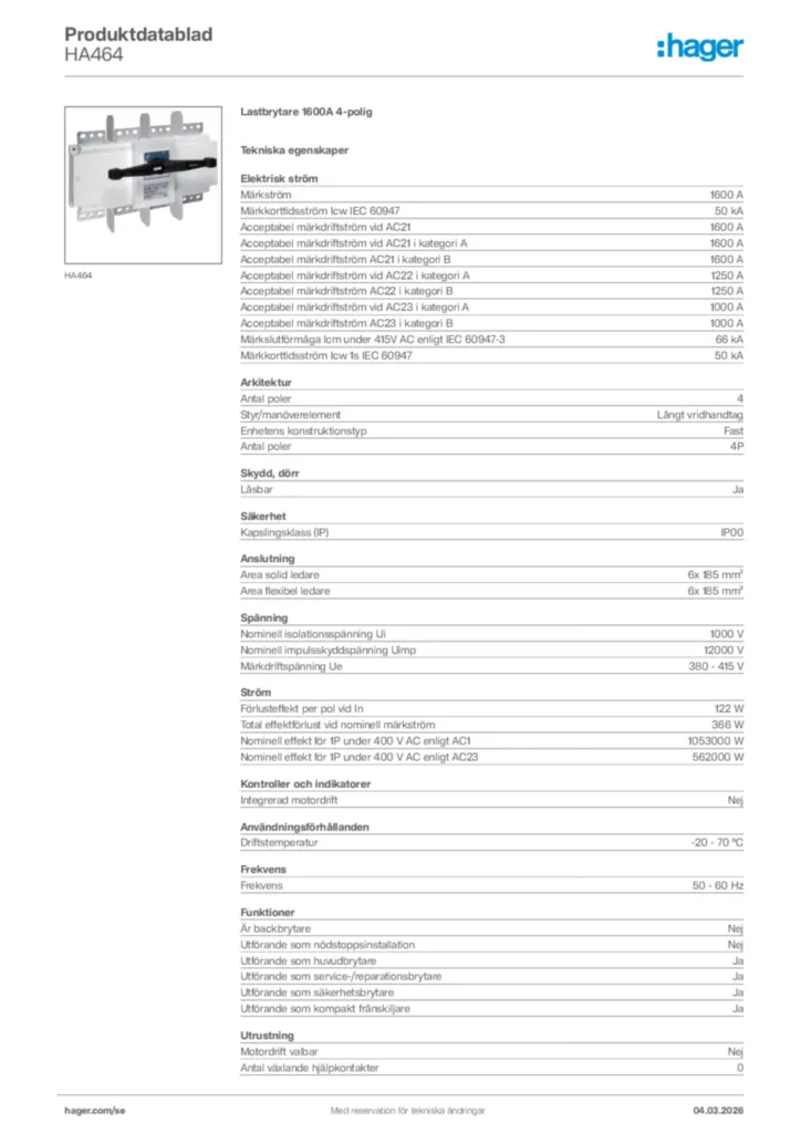 Bild Hager Produktdatablad HA464 | Hager Sverige