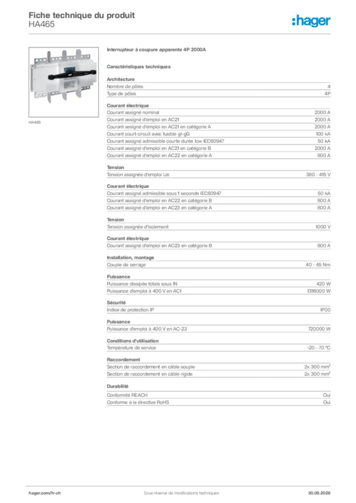 Image Hager Fiche technique du produit HA465 | Hager Suisse