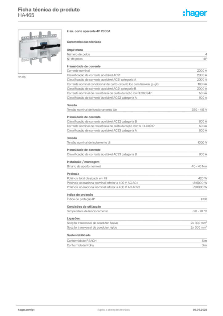 Imagem Hager Ficha técnica do produto HA465 | Hager Portugal