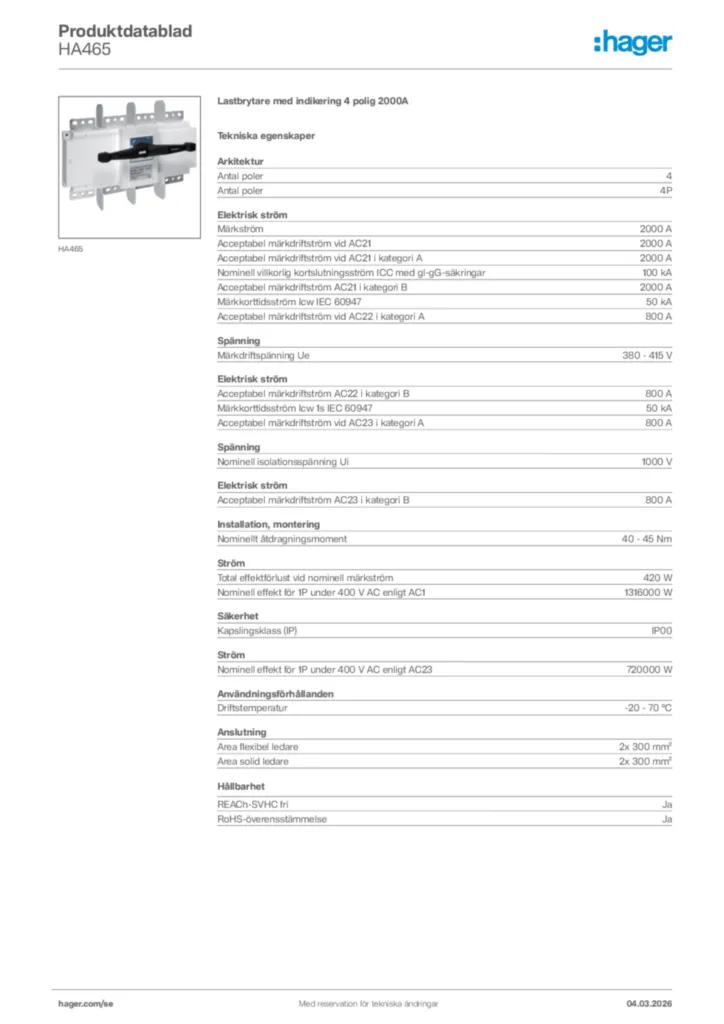Bild Hager Produktdatablad HA465 | Hager Sverige