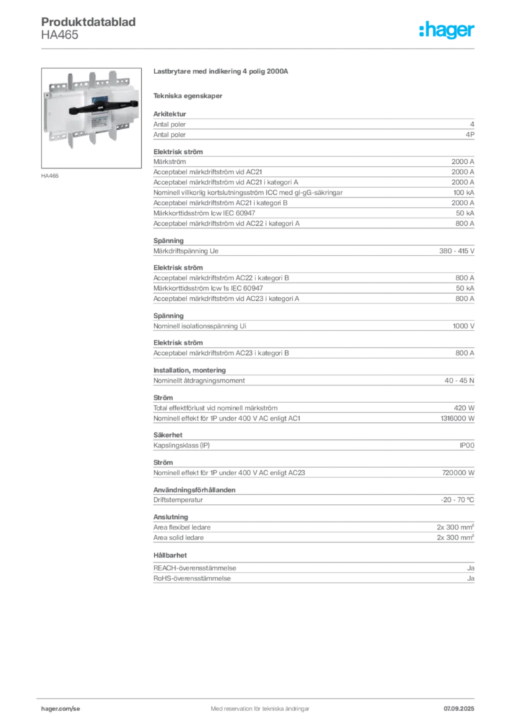 Bild Hager Produktdatablad HA465 | Hager Sverige