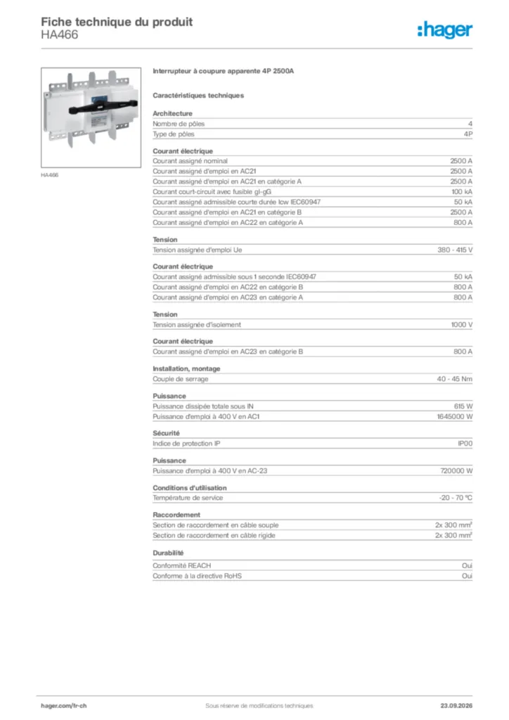 Image Hager Fiche technique du produit HA466 | Hager Suisse