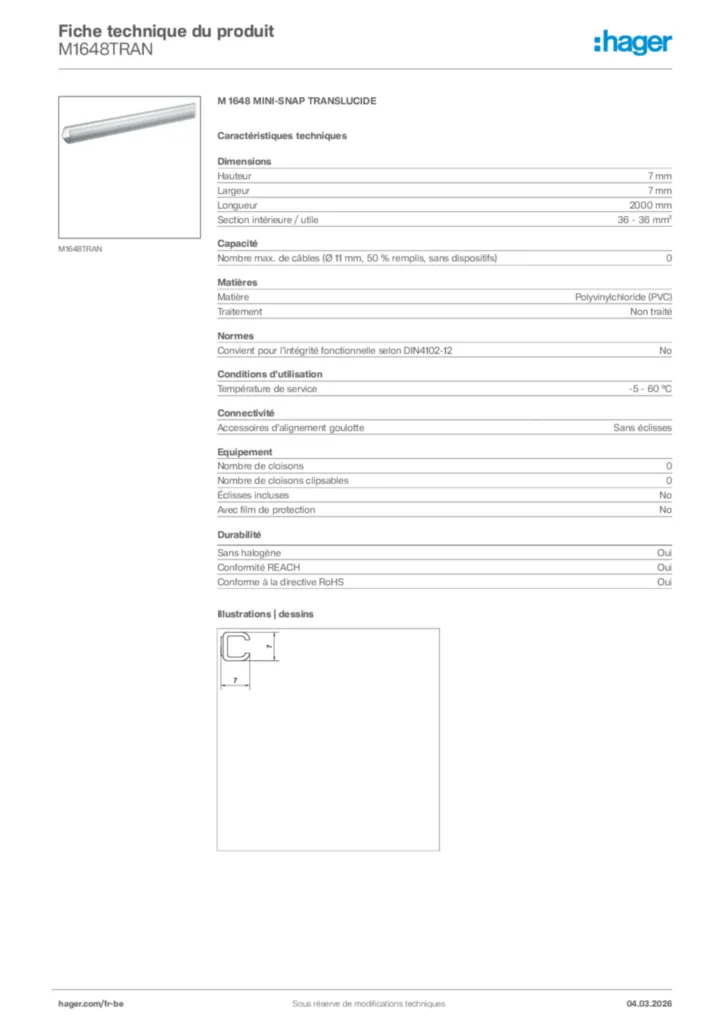 Image Hager Fiche technique du produit M1648TRAN | Hager Belgique