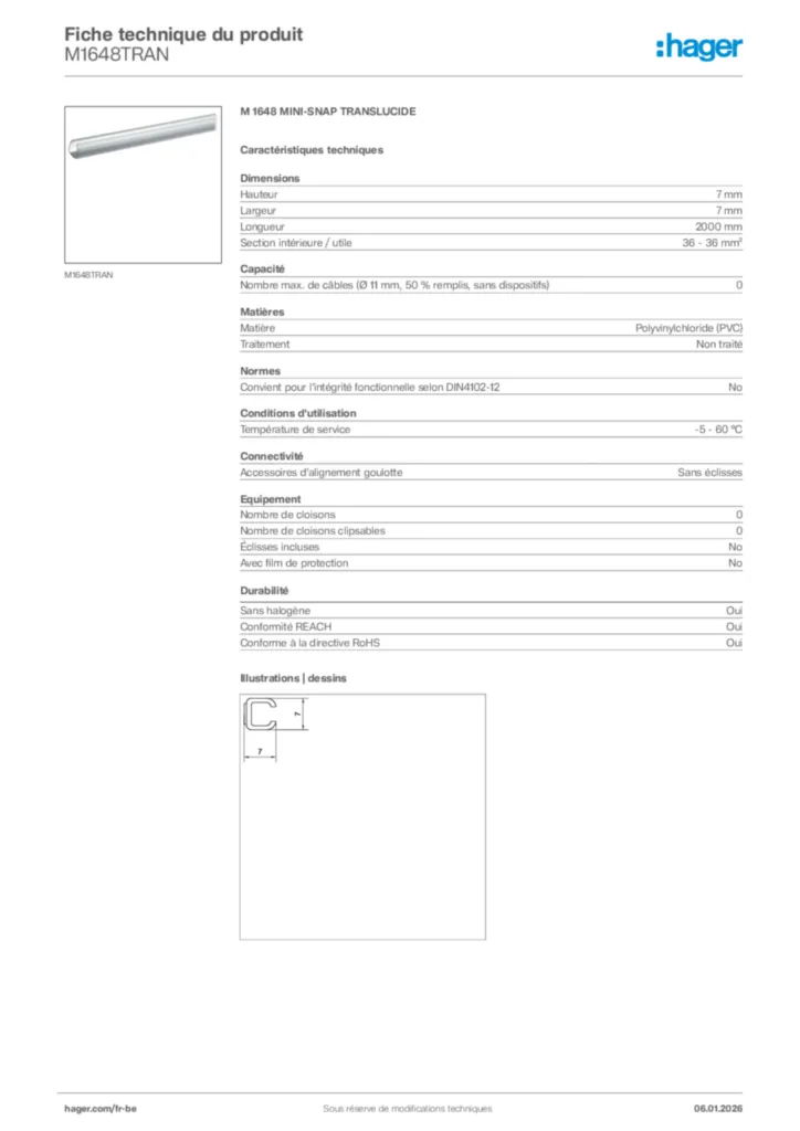 Image Hager Fiche technique du produit M1648TRAN | Hager Belgique