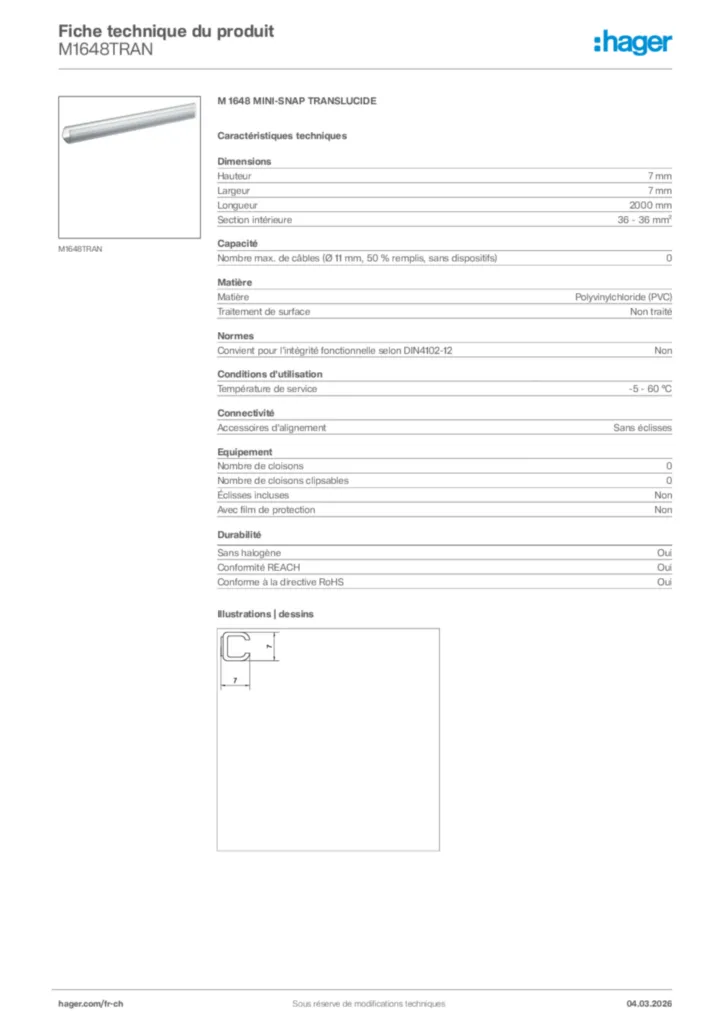 Image Hager Fiche technique du produit M1648TRAN | Hager Suisse