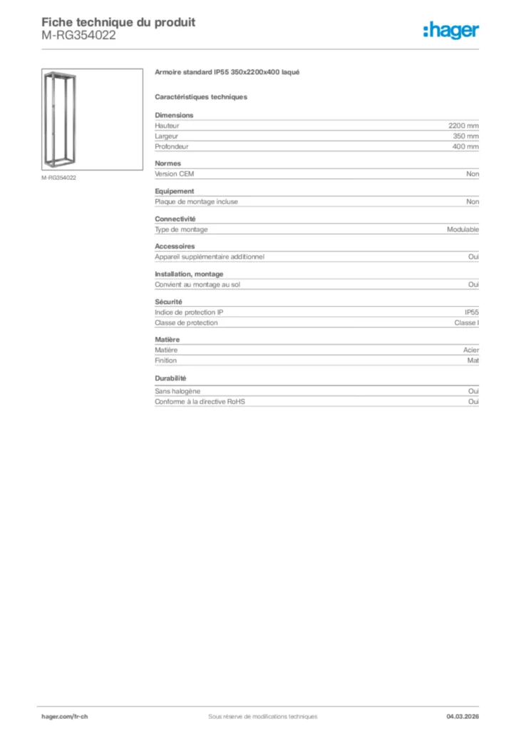 Image Hager Fiche technique du produit M-RG354022 | Hager Suisse