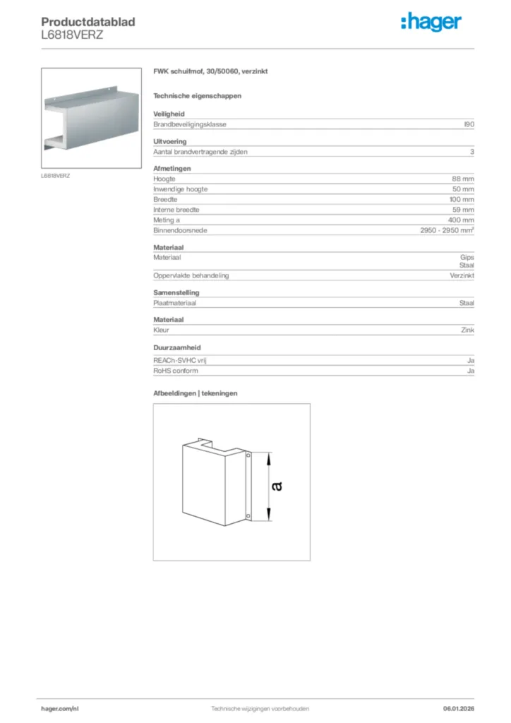 Afbeelding Hager Productdatablad L6818VERZ | Hager Nederland