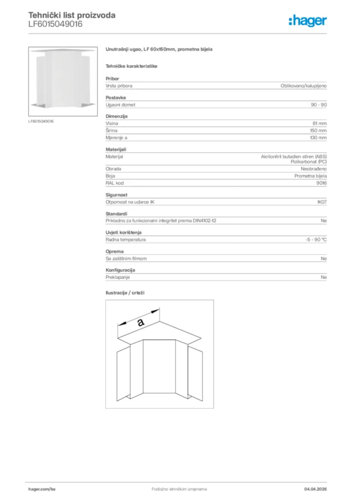 Slika Hager Tehnički list proizvoda LF6015049016  | Hager