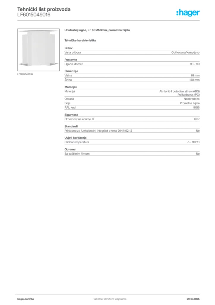 Slika Hager Product data sheet LF6015049016  | Hager