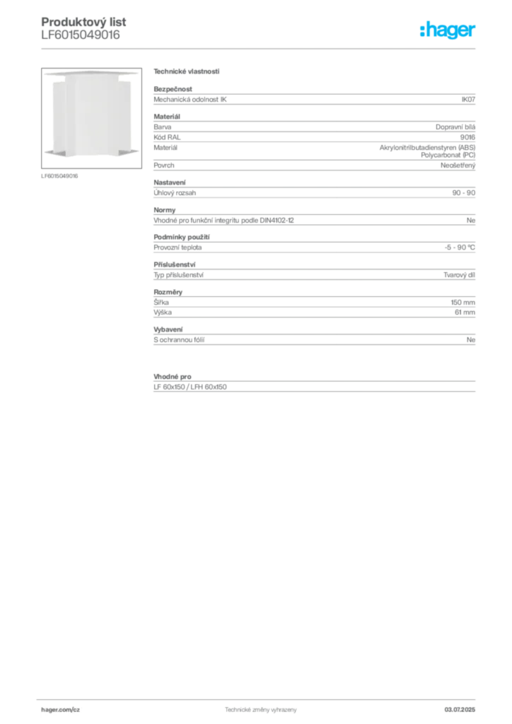 Obrázek Hager Produktový list LF6015049016 | Hager