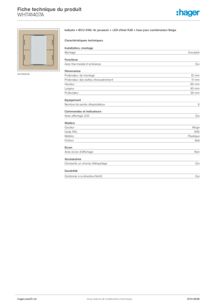 Image Hager Fiche technique du produit WHT41407A | Hager Suisse