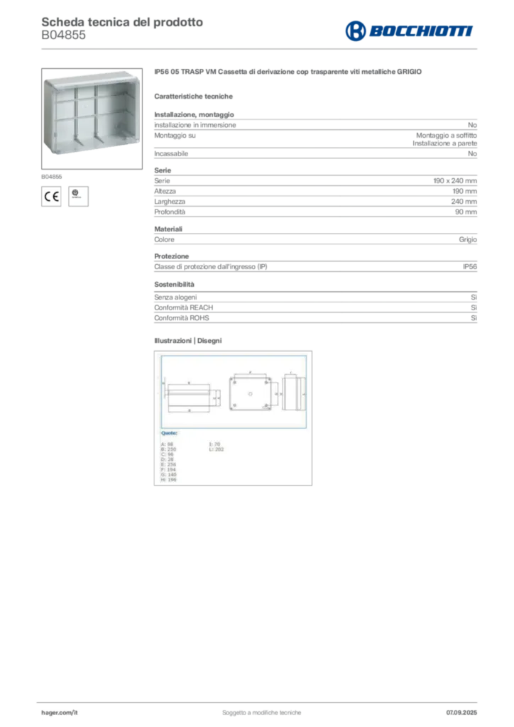 Immagine Bocchiotti Scheda tecnica del prodotto B04855 | Hager Italia