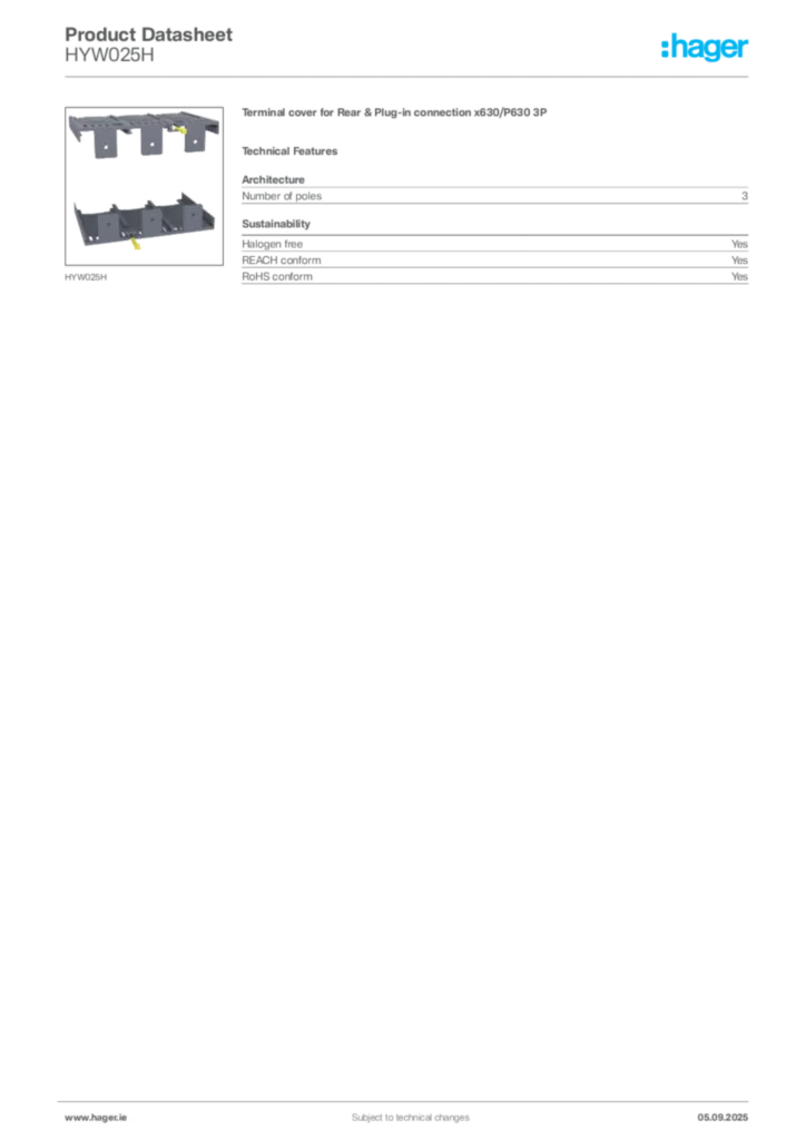 Image Hager Product data sheet HYW025H  | Hager