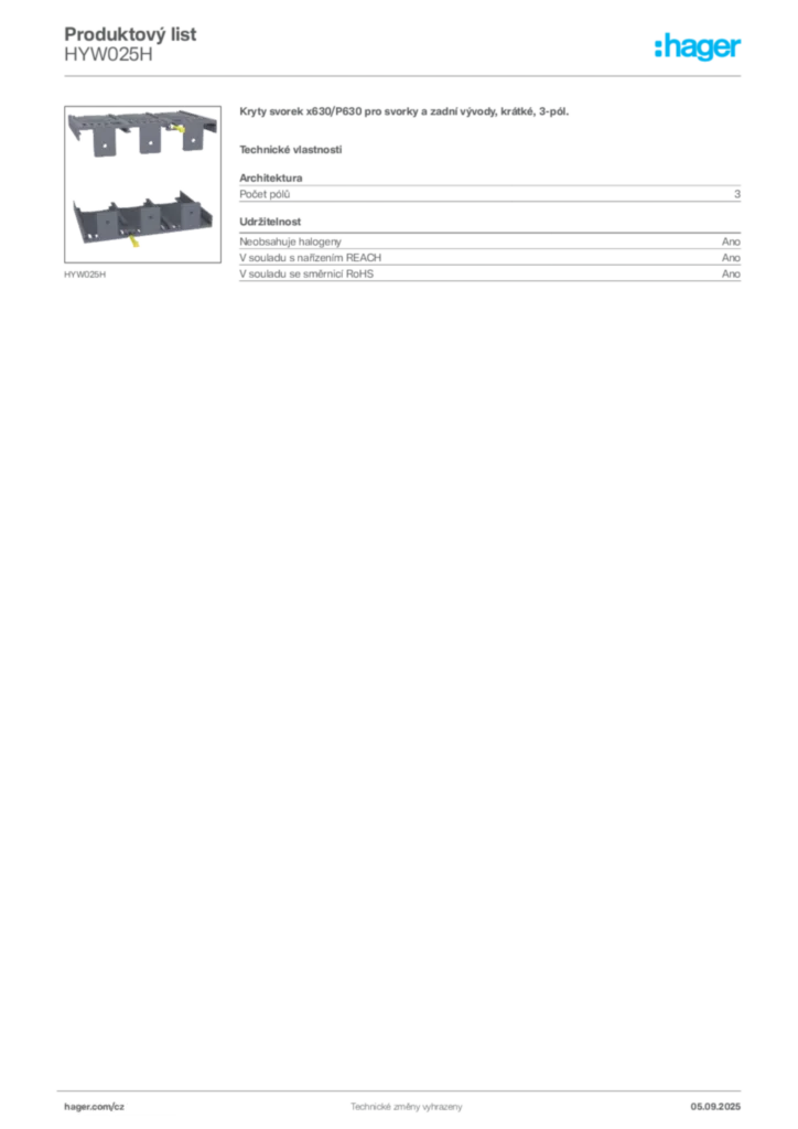 Obrázek Hager Produktový list HYW025H | Hager
