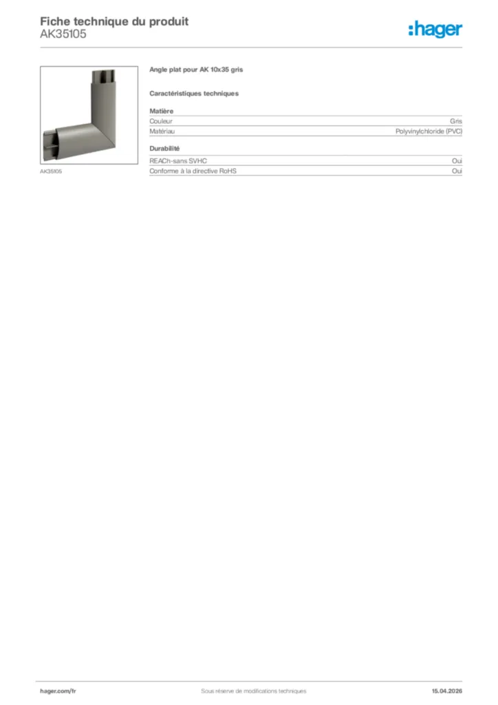 Image Hager Fiche technique du produit AK35105 | Hager France