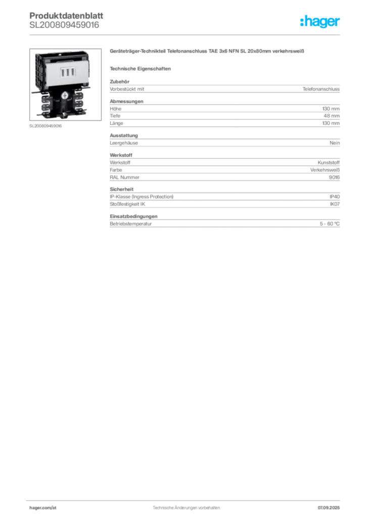Bild Hager Produktdatenblatt SL200809459016 | Hager Deutschland