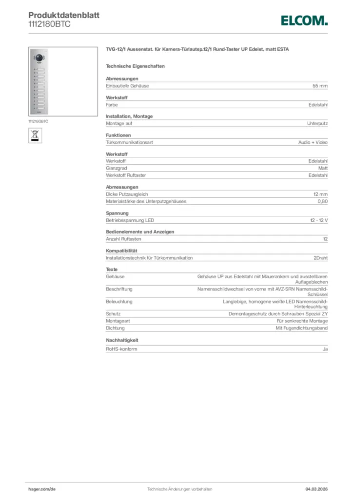 Bild Elcom Produktdatenblatt 1112180BTC | Hager Deutschland