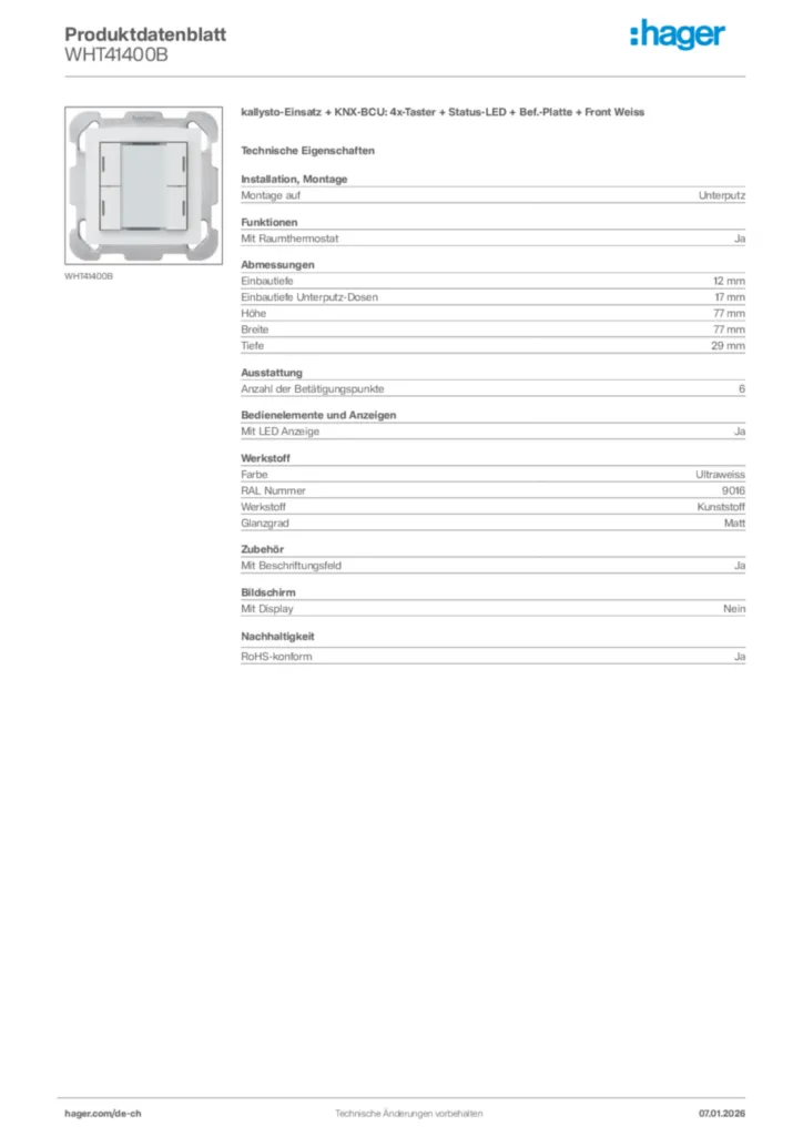 Bild Hager Produktdatenblatt WHT41400B | Hager Schweiz