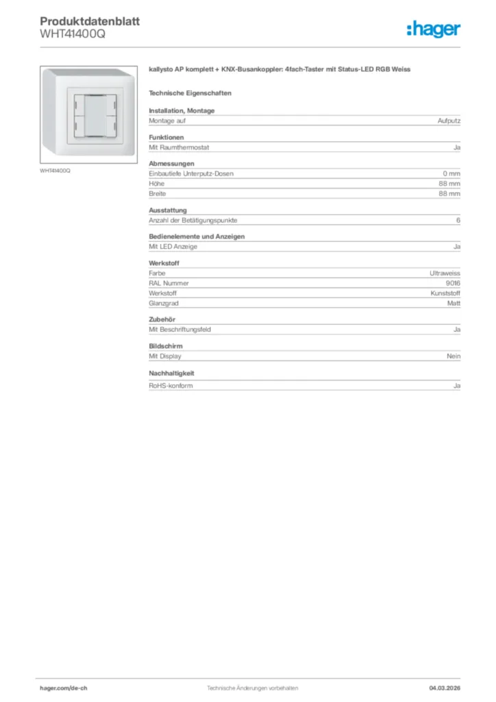Bild Hager Produktdatenblatt WHT41400Q | Hager Schweiz