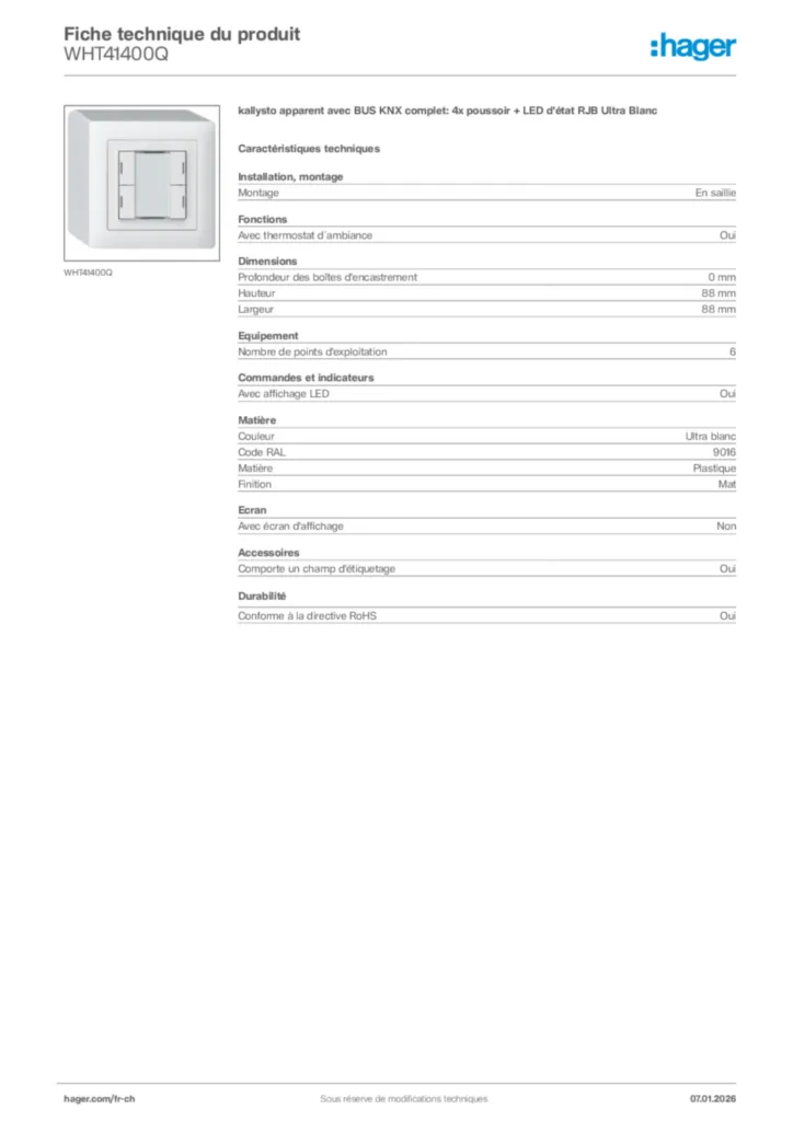 Image Hager Fiche technique du produit WHT41400Q | Hager Suisse