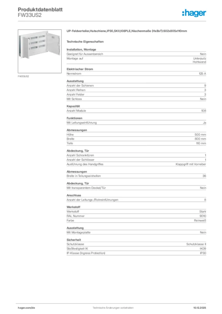 Bild Hager Produktdatenblatt FW33US2 | Hager Deutschland
